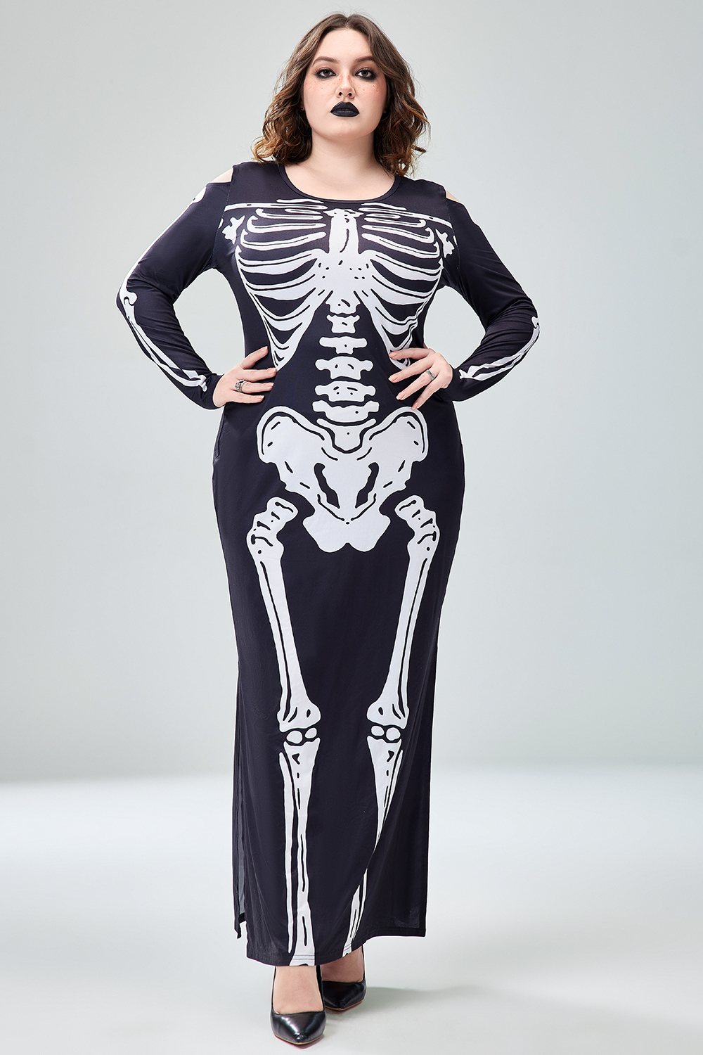 Xpluswear Design Plus Size Casual Halloween Costume Gothic Black Round Neck Long Sleeve Skeleton Print Knitted Maxi Dress