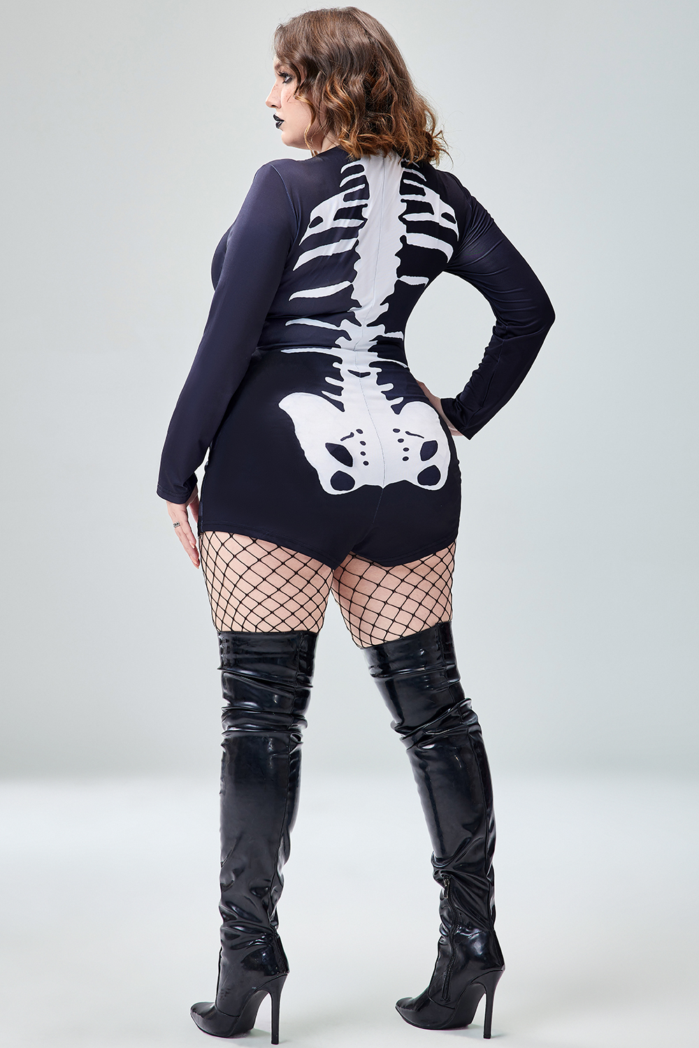 Xpluswear Design Plus Size Halloween Costume Gothic Black Skeleton Print Long Sleeve Knitted Bodysuit