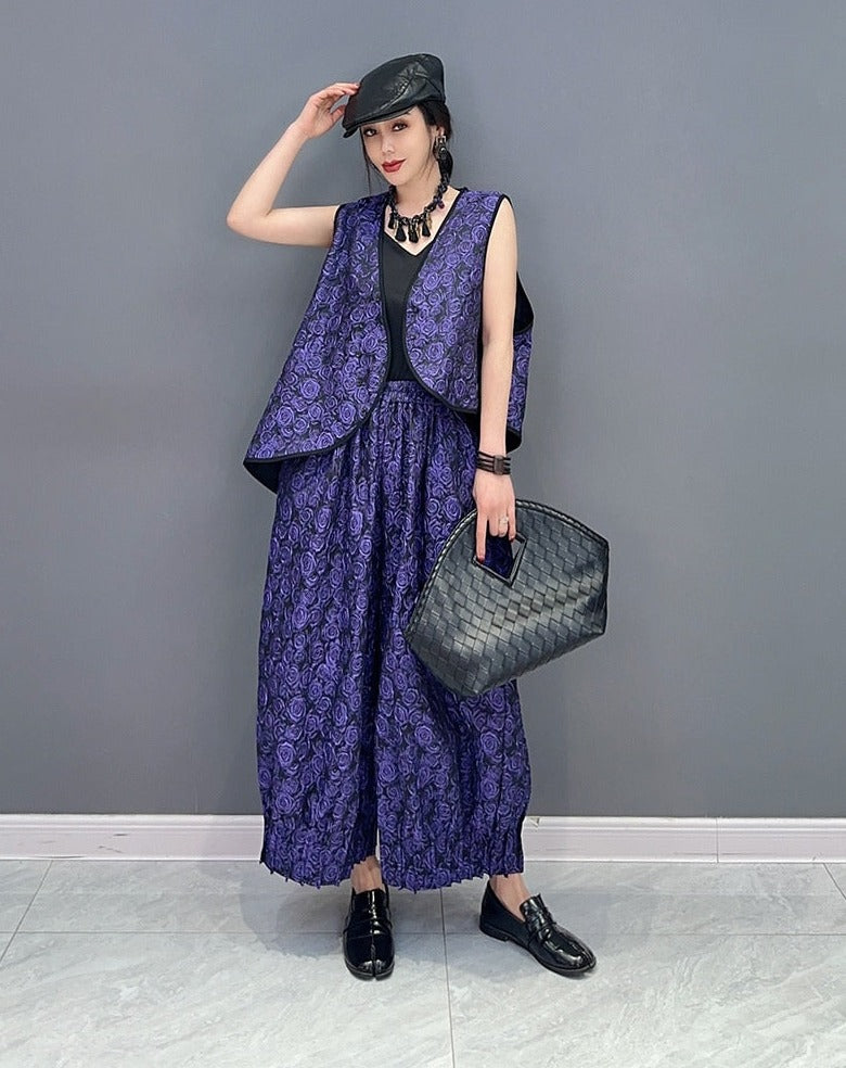 Purple Floral Vest & Elastic Waist Balloon Pants 2-Piece Set