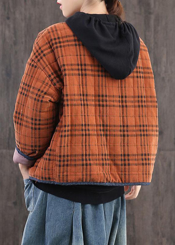 diy Orange Plaid Patchwork Corduroy Winter Coat
