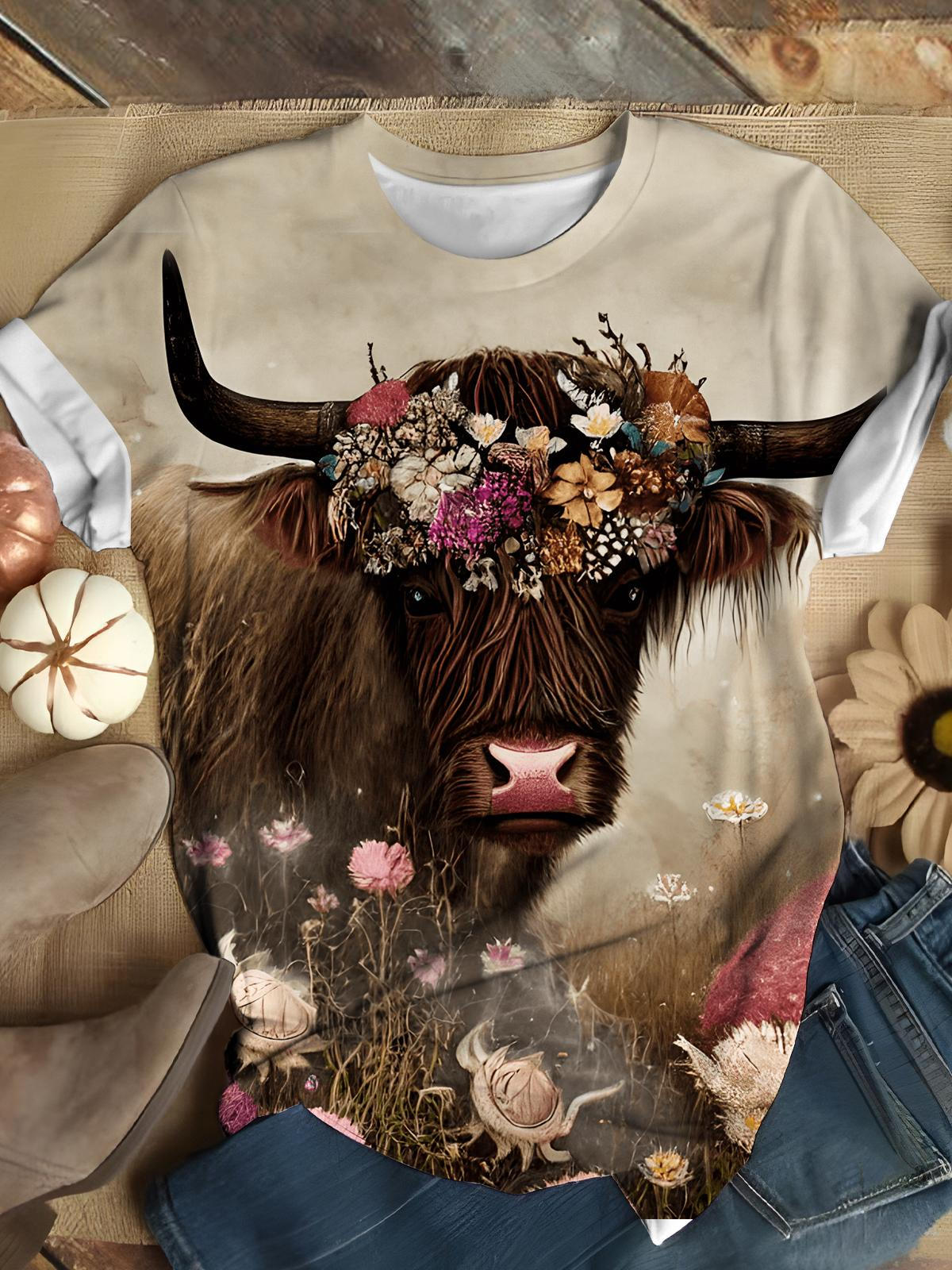 Round Neck Retro Floral Cow Print Top