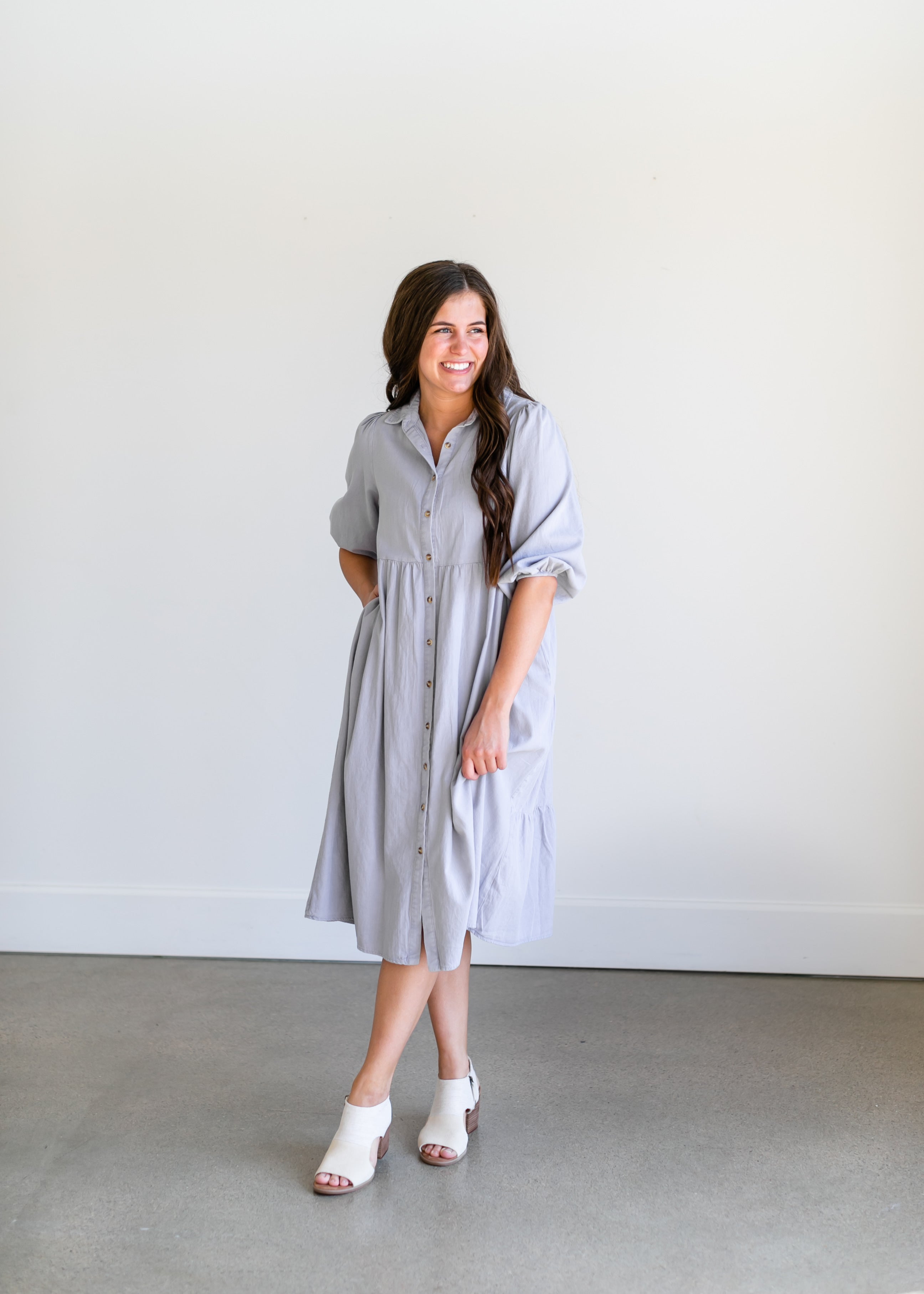 Collared Denim Midi Shirt Dress