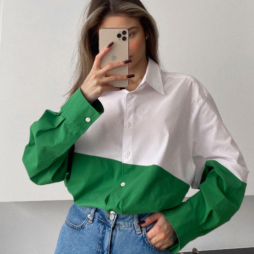Autumn And Winter New Style Shirts Women's Stitching Contrasting Tops Design Sense Fashionable Shirts Loose Women's Clothing
