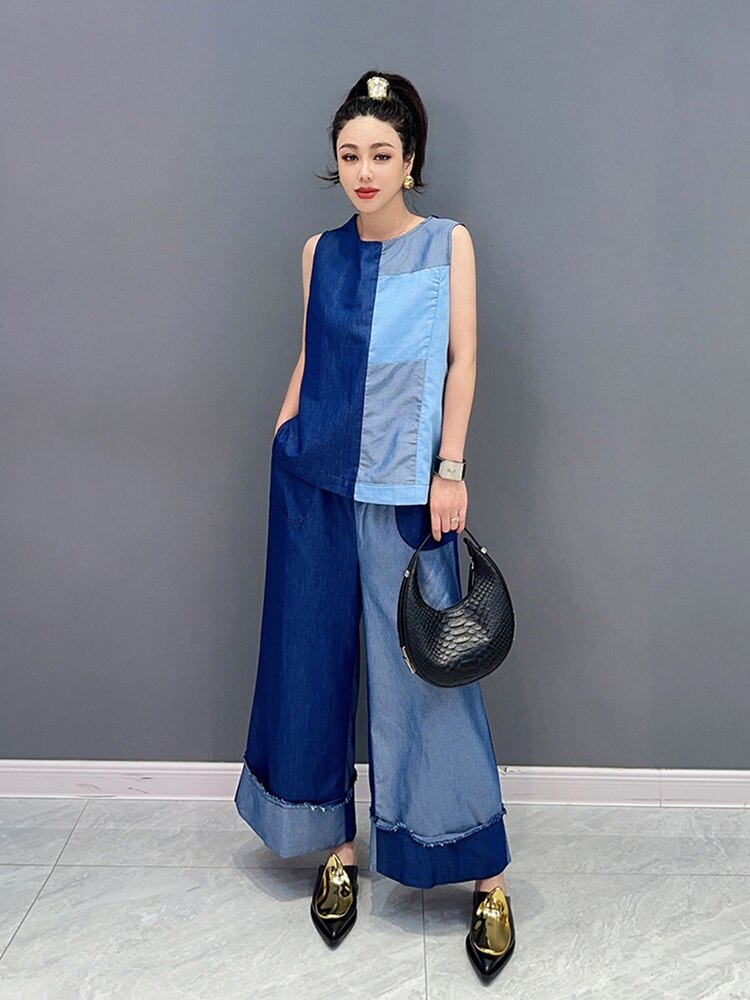 Everyday Chic Two Tone Denim Top & Wide Leg Pants 2-Piece Set