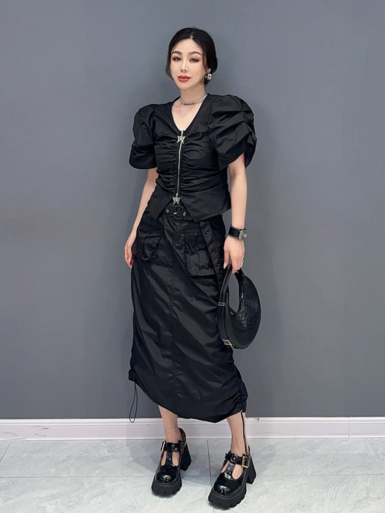 Casual Chic Drawstring V-Neck & Skirt 2-Piece Set