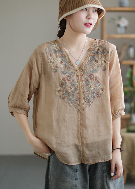 Vintage Khaki Embroideried Lace Patchwork Linen Shirt Top Half Sleeve