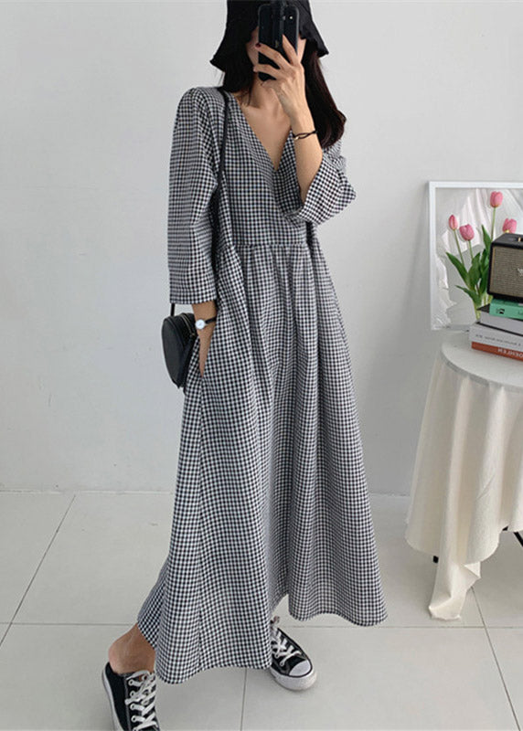 Organic V Neck Wrinkled Pockets Plaid Cotton Dresses Long Sleeve