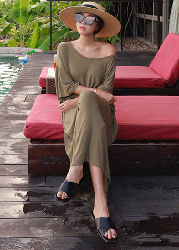 Loose Army Green O-Neck Cotton Dress Three Quarter Sleeve